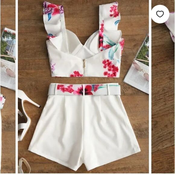 Bralette Ruffle Top and Belted Floral Shorts Set - Picture 2 of 11